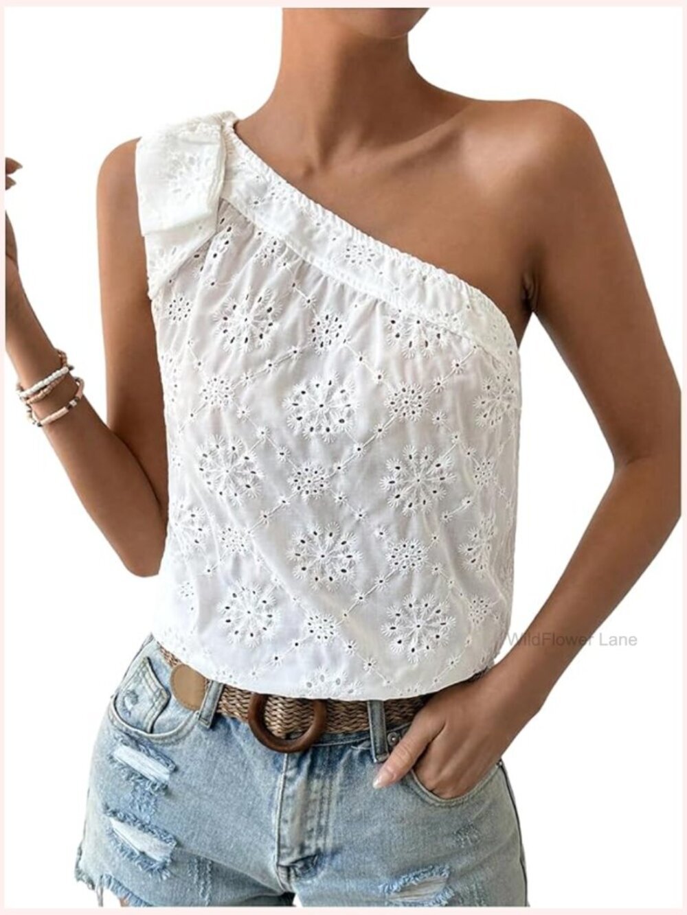 One Shoulder Eyelet Embroidered Sleeveless Bow Blouse Top